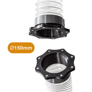 Puede incluir: Primer plano de una manguera flexible transparente con un conector negro y plateado. El conector tiene un diseño circular con múltiples orificios para pernos. El texto "Ø150mm" se muestra en una etiqueta naranja.