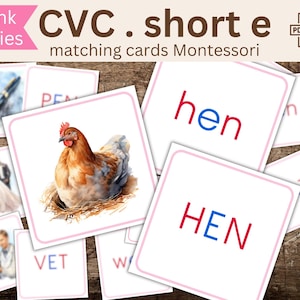 Cartes de lecture Montessori mot court CVC, série rose Dictée muette, Apprentissage syllabique autonome maternelle, Jeu éducatif imprimable