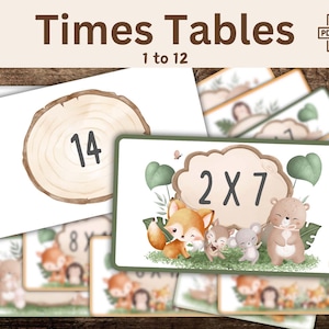 Carte di Moltiplicazione Animali della Foresta – 1-12, Gioco Educativo Stampabile per Bambini, Fronte e Retro