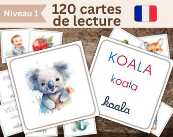 Montessori reading cards in French, phonics game, word and image matching, learn to read, printable educational PDF