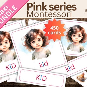 Jeu Montessori de phonologie en anglais à imprimer, Série Rose, Cartes de lecture trois parties, Sons courts, Activité phonétique enfant