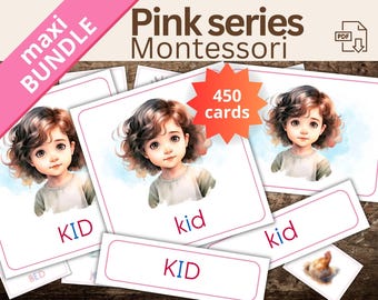 May include: A set of 450 Montessori flash cards featuring a child with brown hair and brown eyes. The cards are pink and white and feature the word "kid" written in different colours and fonts. The cards are part of a larger set called "Pink series Montessori maxi bundle".
