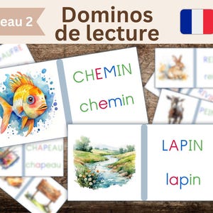 Dominos Montessori de lecture débutant du français, niveau 2, apprendre à lire le français en jouant, pdf à télécharger, fichier numérique