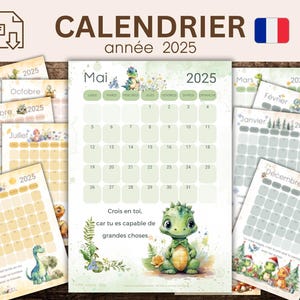 Calendario francese 2025 per Bambini- Piccoli Dinosauri Carini- Illustrazioni ad Acquerello, Planner Annuale, Scuola a Casa, PDF