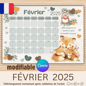 Calendario francese 2025 stampabile con animali carini, design foresta ad acquerello, personalizzabile su Canva, planner mensile