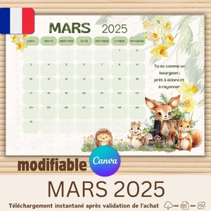 Calendario francese 2025 stampabile con animali carini, design foresta ad acquerello, personalizzabile su Canva, planner mensile