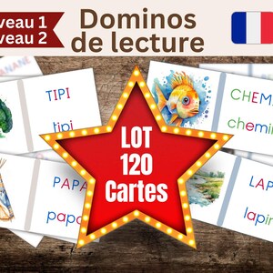 Conjunto de 2 Jogos de Dominó Montessori em Francês - Leitura Níveis 1 e 2 - Aprendizado de Sílabas e Palavras Ilustradas para Imprimir