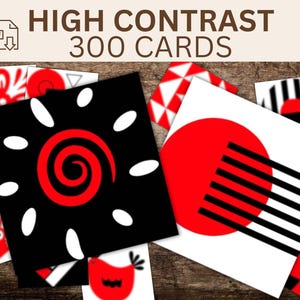 Cartes Montessori bébé noir blanc rouge, stimulation visuelle, éveil sensoriel, activité éducative, cartes fort contraste, imprimable PDF