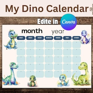 Calendrier perpétuel entièrement modifiable, design dinosaures aquarelle, animaux mignons à imprimer, facile à personnaliser sur Canva.