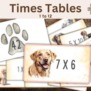 Cartes de multiplication autocorrectives à imprimer, Tables de multiplication 1 à 12, Jeu éducatif Montessori PDF à télécharger, thème chien
