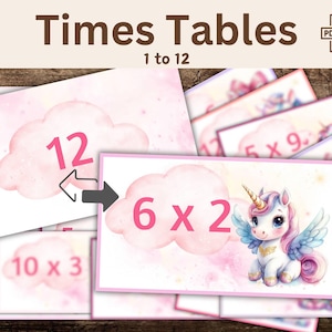Tabelle di moltiplicazione unicorno da stampare PDF, Tabelle 1 a 12 Montessori, Apprendimento memorizzazione, Gioco educativo per bambini