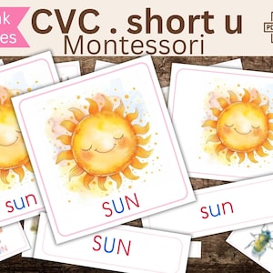 Cartes série rose Montessori, Son U, Jeu éducatif imprimable pour apprendre à lire en anglais, cartes de nomenclature, méthode phonétique