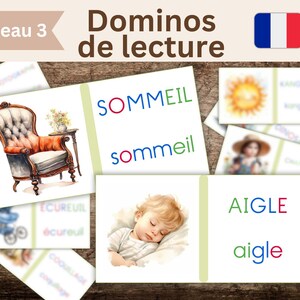 Dominos Montessori lecture français, niveau 3, jeu éducatif syllabique, apprendre à lire, matériel imprimable PDF, phonétique, mot complexe