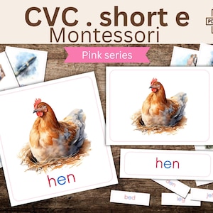 Serie Rosa Montessori CVC - Parole con E Breve - Gioco Educativo Stampabile,  Imparare l'inglese
