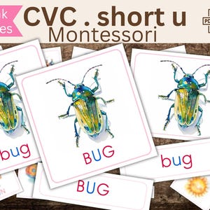 Cartas Montessori série rosa, Som U, Jogo educativo imprimível para aprender a ler em inglês, cartas de nomenclatura, método fonético