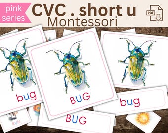 Montessori CVC Pink Series - Short U Words - Printable Learning Game