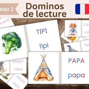 Dominos Montessori, lecture français pour débutants, apprentissage syllabique, mots sons simples, maternelle et primaire, jeu PDF à imprimer