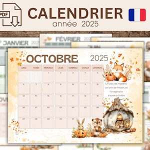 Calendario francese Bambini 2025 Stampabile, Animali del Bosco Carini, Planner Annuale, Calendario da Parete PDF, Scuola a Casa