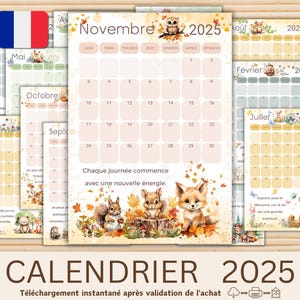 Calendario francese Bambini 2025 Stampabile, Animali del Bosco Carini, Planner Annuale, Calendario da Parete PDF, Scuola a Casa