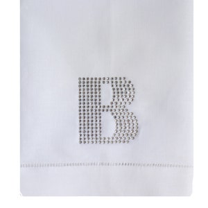 Elegant Linen Hemstitched Guest Towel with Large Rhinestone Family Name Letter