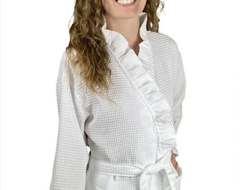 White Ruffled Waffleweave Robe. Weddind Day Prep Custom Embroidered Personalized - Monogram or Name