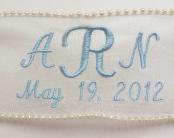 Pearl Embroidered Personalized Translucent Ribbon Wedding Gown Label with Pearl Embellishment