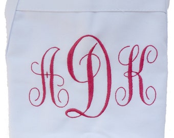 Delantal de chef blanco bordado personalizado con gran monograma rizado