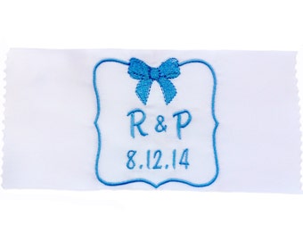 Emily Embroidered and Personalized  Satin Ribbon Wedding Gown Label with Bow Detail