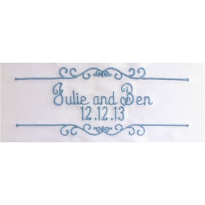 Julie Embroidered Personalized Satin Ribbon Wedding Gown Label - White, Candlelight, Ivory or Bridal Blue