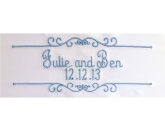 Julie Embroidered Personalized Satin Ribbon Wedding Gown Label - White, Candlelight, Ivory or Bridal Blue