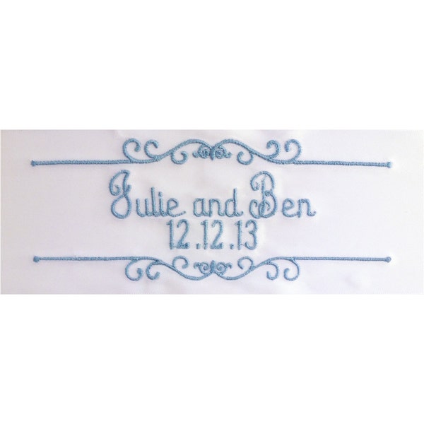 Julie Embroidered Personalized Satin Ribbon Wedding Gown Label - White, Candlelight, Ivory or Bridal Blue