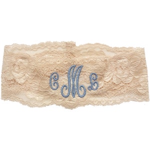 Personalized Embroidered Andrea Taupe/Natural Wedding Lace Stretch Garter with Monogram - A &quot;Something Blue&quot; or your Wedding Color