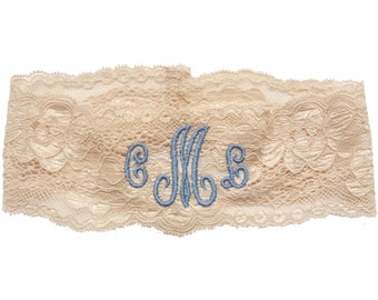 Personalized Embroidered Andrea Taupe/Natural Wedding Lace Stretch Garter with Monogram - A "Something Blue" or your Wedding Color