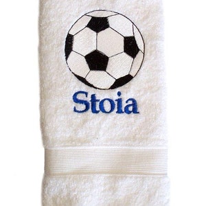 White Hand Towel Custom Embroidered with Large Soccer Ball and Personalized