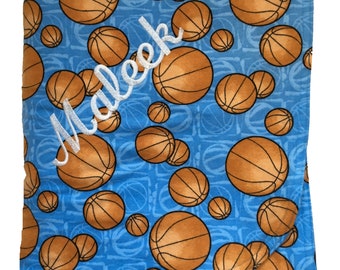 Custom Embroidered Double Sided Basketball Print Cotton Flannel Lined Blanket with Rounded Top Stitched Edge