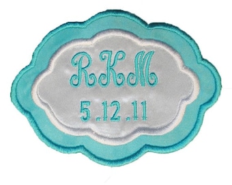 Custom Embroidered and Personalized Scalloped Wedding Gown Label in Blue Green and White