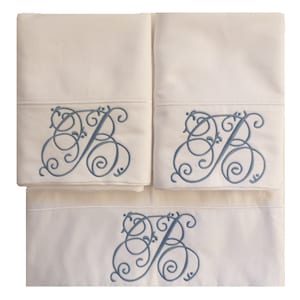 Puede incluir: Conjunto de tres fundas de almohada blancas con un monograma bordado en azul de la letra "B" en una fuente de letra decorativa.