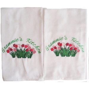 A Pair of Tulip Embroidered and Personalized Flour Sack Towels