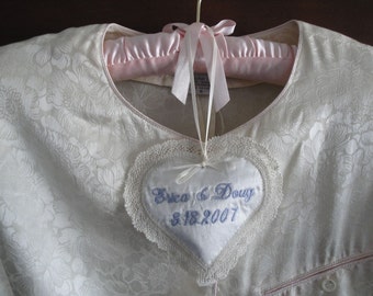 Custom Embroidered and Personalized Heart Shaped Satin  Potpourri Sachet with Created Lace