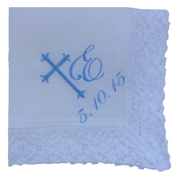 Irish Linen Lace Edged Hankie - Embroidered with Delicate Cross, Single Initial and Date of Wedding if Desired