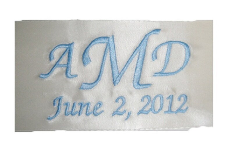 Amy Satin Embroidered and Personalized Ribbon Wedding Gown Label AND Gift Box