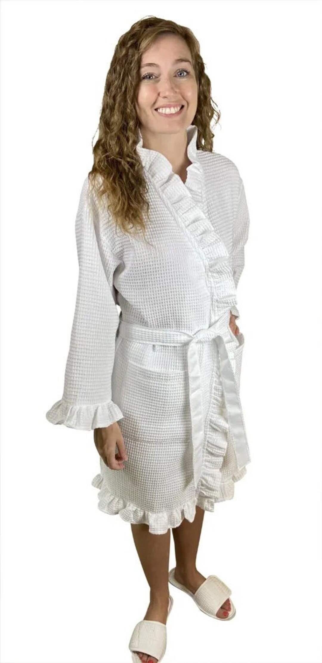 Embroidered White Robe White Ruffled Waffleweave Robe. Weddind Day Prep Custom Embroidered ...
