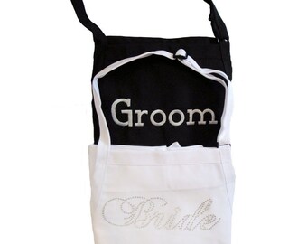 Bride and Groom Apron Set - Fancy Bride Font ------- Rhinestones for Her -  Embroidery for Him