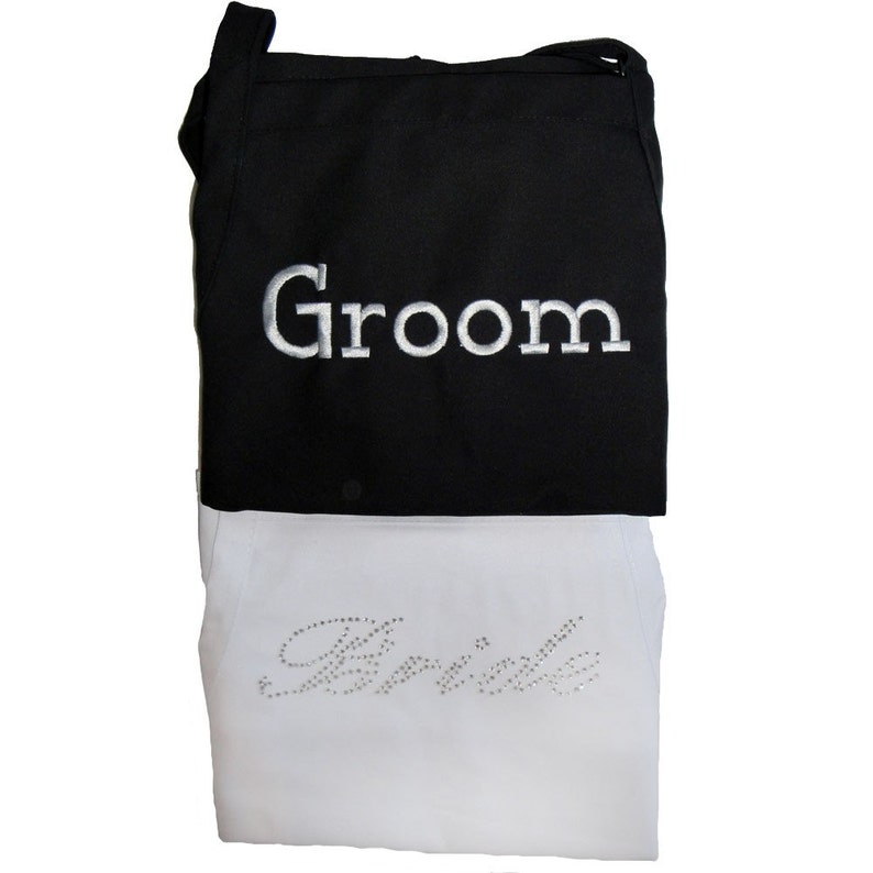 Bride and Groom Apron Set Casual Bride Font Rhinestones for Her Embroidery for Him image 1