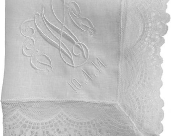 Irish Linen Lace Edged Hankie - Embroidered with Monogram and Date of Wedding if Desired