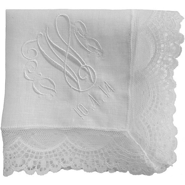 Irish Linen Lace Edged Hankie - Embroidered with Monogram and Date of Wedding if Desired