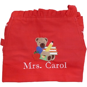 Ruffled Teacher Apron - Embroidered with Study Bear, and Her Name