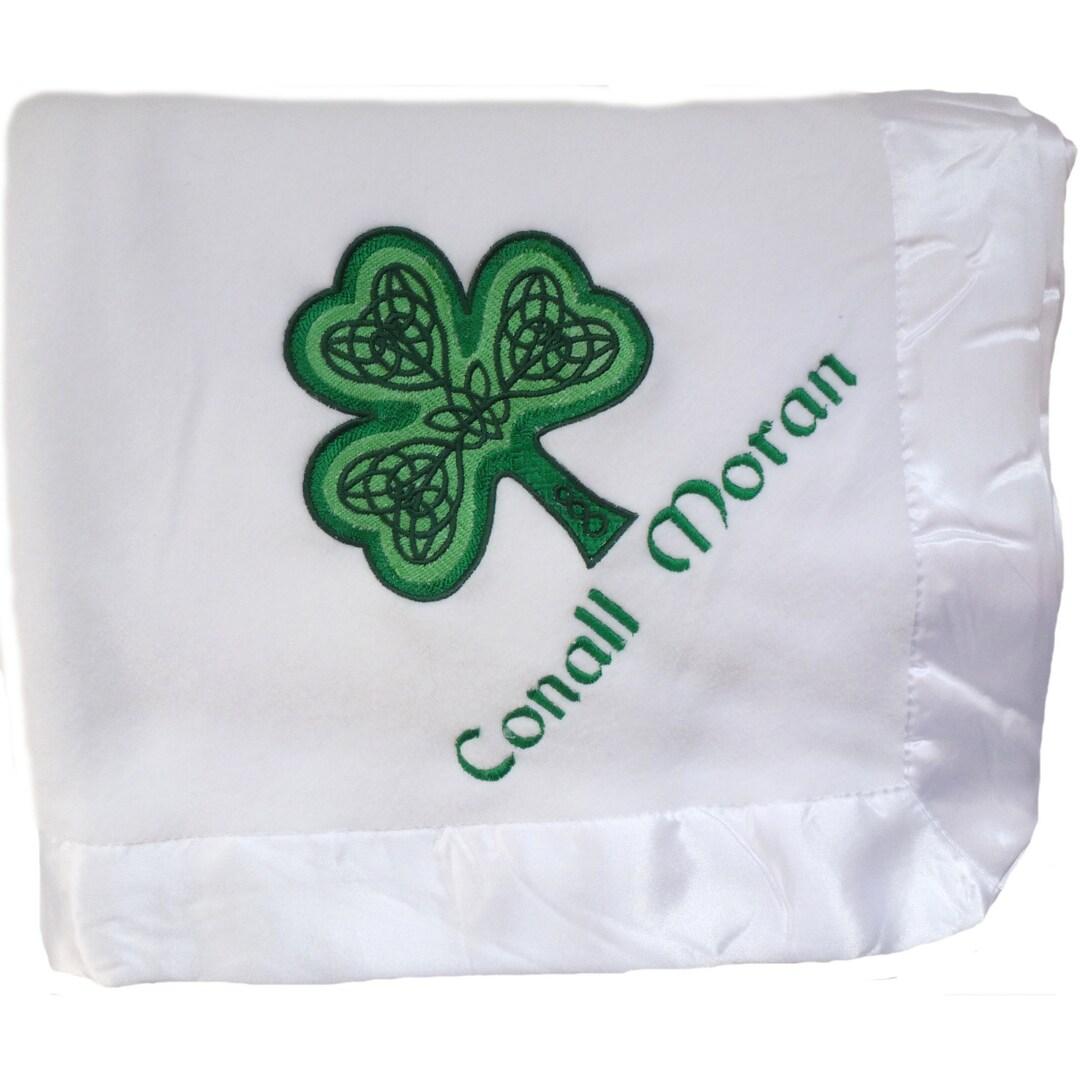 Satin Edged Microfleece Baby Blanket With Elaborate Shamrock Embroidery