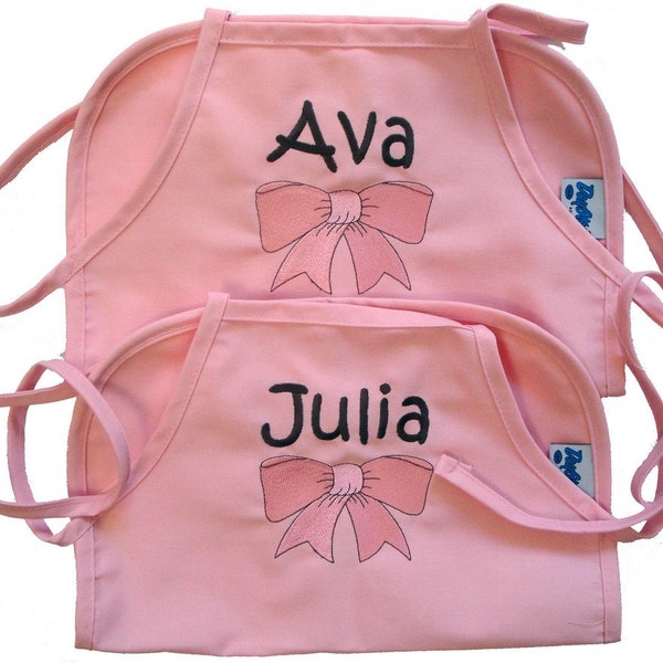 Custom Embroidered Personalized  Pink Bow Aprons for Two Girls - Two Small Size Aprons