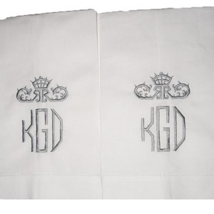A Pair of Monogrammed  Hemstitched Linen Towels - Embroidered Personalized